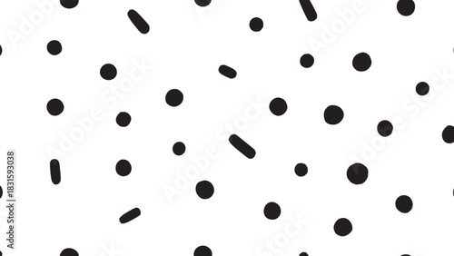 Seamless black and white abstract pattern with hand-drawn polka dots and dashes in a minimalist, chaotic style, featuring organic brush stroke textures for a modern graphic design