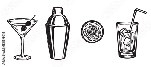 Hand-drawn black and white cocktail icons set featuring a martini with olives, a shaker, a lime slice, and a highball glass with ice and a straw in a vintage sketch style