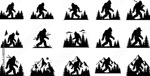 Bigfoot Silhouette Collection – Sasquatch Walking Forest Mountain Black Vector Set