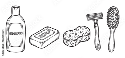 Set of hand-drawn bathroom toiletries including a shampoo bottle, soap bar, sponge, razor, and hairbrush in a simple black and white line art sketch style illustration