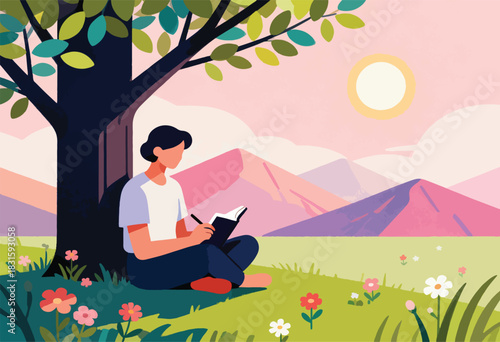 A person sits under a tree writing in a notebook, with a view of mountains and sun
