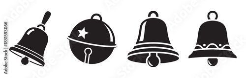 Four black Christmas bell icons in a set show various festive designs, including a classic handbell and a jingle bell with a star cutout in a simple vector illustration style