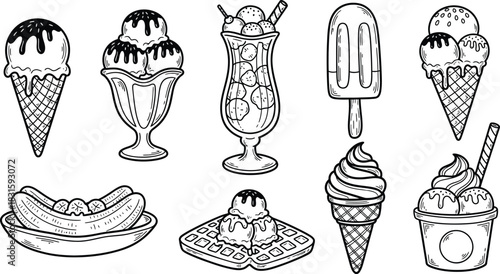 Ice cream Hand drawn doodle set. Different types, waffle cone, cup ice cream, popsicle, sundae. Sketch style cafe menu, card, birthday card decoration.