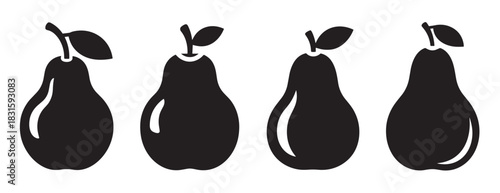 Four black pear fruit icons in a simple graphic style, showing a collection of minimalist silhouettes with stems and leaves, representing healthy organic food and natural vitamins
