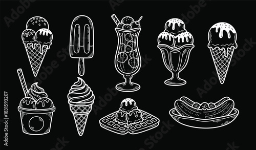 Ice cream Hand drawn doodle set. Different types, waffle cone, cup ice cream, popsicle, sundae. Sketch style cafe menu, card, birthday card decoration.