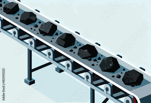 An isometric illustration depicts a coal conveyor belt transporting dark, irregular coal pieces. The scene uses cool blues and grays