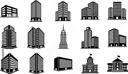 Modern Abstract Skyscraper Silhouettes, High-Rise Corporate Building Vector Collection, Urban Business Tower and Architecture Graphic, Cityscape Design Element Set.