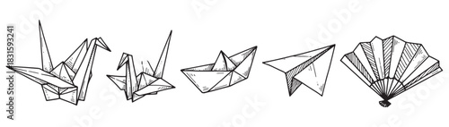 Collection of hand drawn origami figures including two cranes, a boat, a plane, and a fan in a simple black and white sketch style illustration set