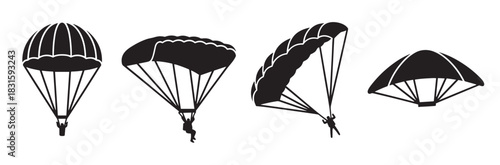 Set of four black parachute silhouettes in various shapes and designs, including two with skydivers attached, representing extreme sports and air travel concepts