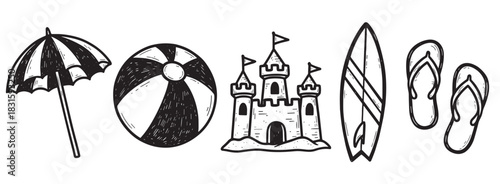 Set of hand-drawn beach vacation icons including an umbrella, ball, sandcastle, surfboard, and flip-flops in a black and white doodle sketch style illustration