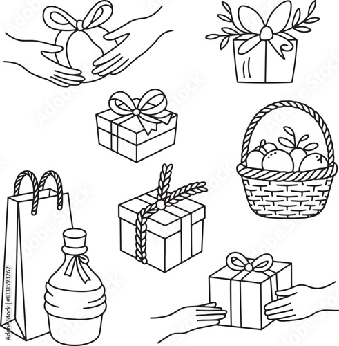 Outline vector drawing representing the act of giving gifts to someone for holiday