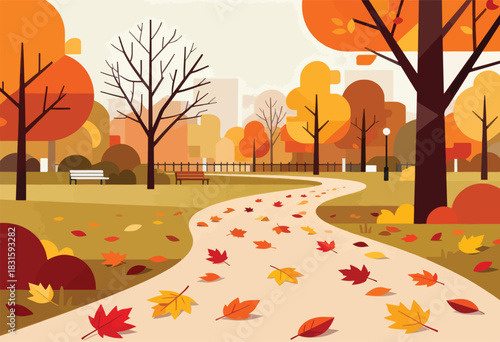 A winding path through an autumn park, with trees, fallen leaves, benches, and a city background