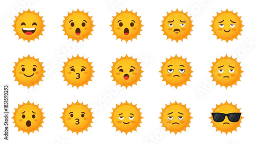 Collection of Sun-shaped Emoticons with Various Facial Expressions