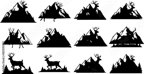 Deer Head Antler Skull Silhouette Emblem Set