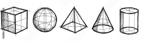 Set of five hand-drawn geometric shapes including a cube, sphere, pyramid, cone, and cylinder in a rough, sketchy style with black ink lines and hatching for shading