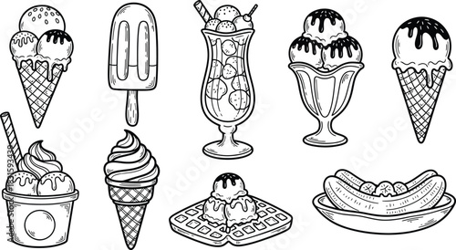 Ice cream Hand drawn doodle set. Different types, waffle cone, cup ice cream, popsicle, sundae. Sketch style cafe menu, card, birthday card decoration.