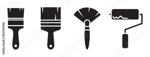 Set of black paint brushes and a roller icon collection for renovation and artistic projects, presented in a clean, minimalist graphic style as a simple vector illustration
