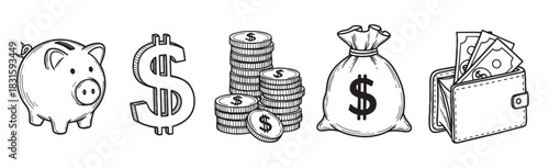 Hand drawn money and finance icon set including a piggy bank, dollar sign, stacked coins, money bag, and wallet with cash in a simple black and white sketch style