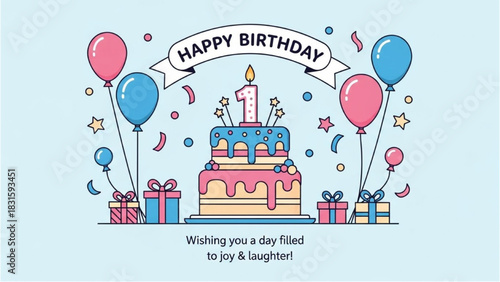 Happy Birthday Card with Cake, Balloons, and Gifts, Celebrating a First Birthday