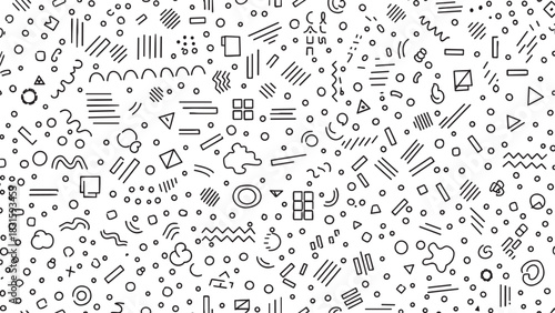 Black and white abstract seamless pattern with various hand-drawn geometric shapes, doodles, and lines in a chaotic Memphis style, creating a playful and energetic retro texture
