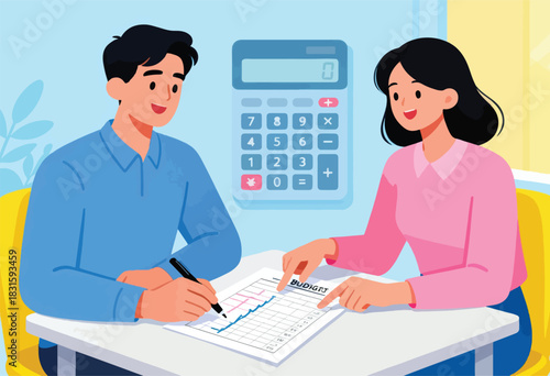 An illustrated depiction of two smiling individuals reviewing a financial budget with a calculator