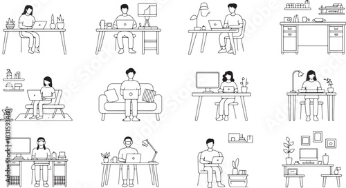 People Working on Laptops, Freelance or Remote Work at Home Outline Style Illustration