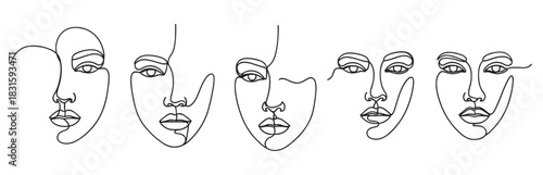 Set of five abstract female faces drawn in a continuous one line art style, a modern minimalist aesthetic illustration perfect for beauty and fashion concepts