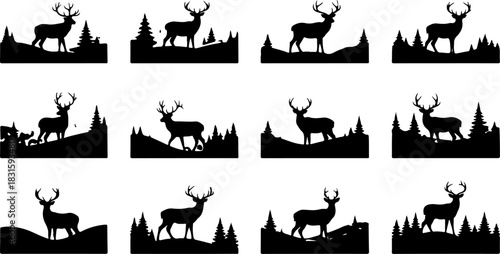 Deer Head Antler Skull Silhouette Emblem Set