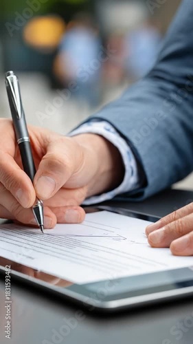 Pen on Paper: Close-up of a hand meticulously signing important paperwork, capturing the essence of diligence and commitment. 