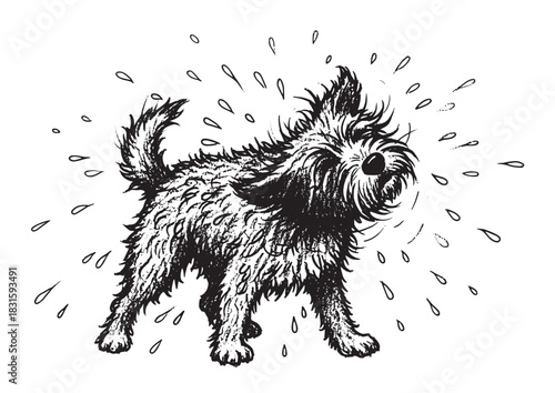 Small scruffy wet terrier dog shakes its shaggy fur, sending water droplets flying in a charming black and white hand-drawn ink illustration with a vintage storybook style