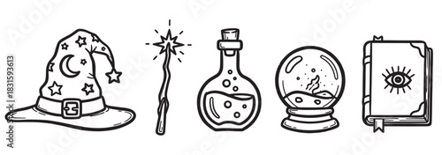 Set of hand-drawn magic icons featuring a wizard hat, sparkling wand, potion bottle, crystal ball, and spell book in a simple black and white doodle line art style