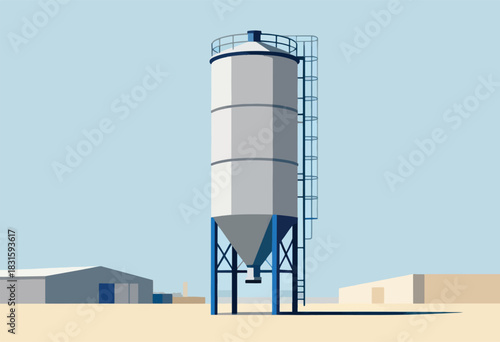 A simplified illustration of a grain silo, a metal ladder, and other industrial buildings, set against a pale blue sky