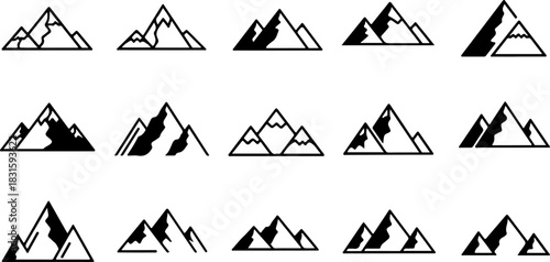 Mountain Logo and Adventure Peaks Silhouette Icon Set