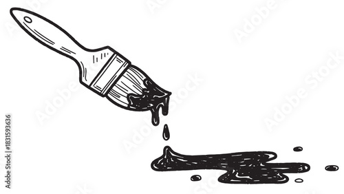 Hand-drawn black and white paintbrush dripping thick ink onto a surface, creating a messy puddle in a simple doodle sketch style illustration with bold outlines and hatching