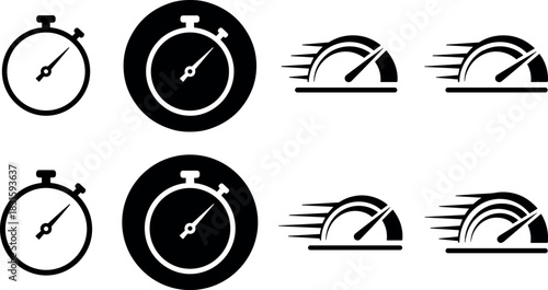 Stopwatch and Speedometer Icon Set, Time, Speed, and Performance Symbolism, Fast Delivery and Velocity Graphic, Quick Measurement Tool Vector Collection.