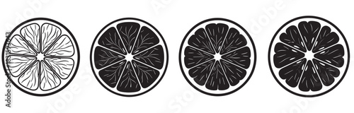Four black and white citrus fruit slices arranged in a row, a graphic illustration set with minimalist line art and silhouette styles showing the detailed pulp and segments