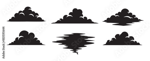 Six black graphic cloud and smoke shapes in a minimalist silhouette style, a collection of various cumulus and dust cloud icons for design elements and illustration