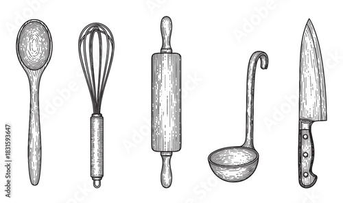 Set of five kitchen utensils including a spoon, whisk, rolling pin, ladle, and knife in a vintage black and white hand-drawn engraving style illustration