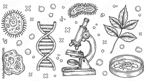 Hand-drawn set of biology illustrations including a microscope, DNA helix, bacteria, cell, and petri dish in a black and white sketch style for science and education