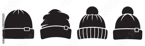 Four black winter hat vector icons showing a collection of different beanie styles with pompoms and folded cuffs, presented in a simple, monochrome graphic silhouette design