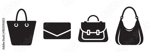Four black handbag icons in a row showing different styles including a tote, clutch, satchel, and hobo bag for a minimalist fashion or shopping concept