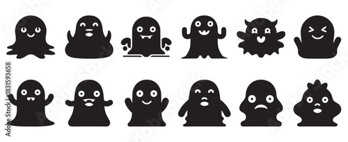 Collection of twelve black ghost silhouettes with various cute and spooky expressions for Halloween, presented as a set of flat design icons in a simple graphic style