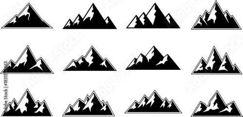Mountain Logo and Adventure Peaks Silhouette Icon Set