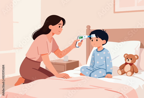 A mother checks a child's forehead temperature with a digital thermometer in a bedroom setting