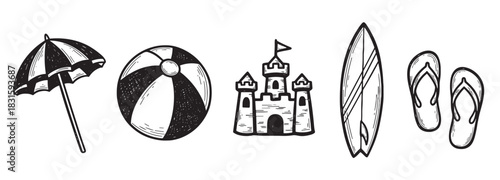 Set of hand-drawn black and white beach icons including an umbrella, ball, sandcastle, surfboard, and flip-flops in a simple doodle style illustration for summer vacation themes