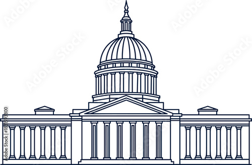 United States Capitol Building Line Art, Washington D.C. Political Center, Government and Law Symbol, Democracy Landmark Vector Illustration, Architecture with Green Base.
