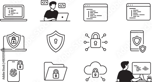 Set of security software line art symbol on transparent background for cybersecurity