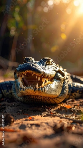 A close-up, dramatic portrait of a fierce alligator showing its sharp teeth in warm sunlight.