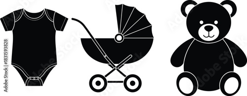 Baby onesie, stroller pram, and teddy bear toy silhouette icons for newborn essentials, childcare products, infant accessories, nursery design, cute baby vector illustration set
