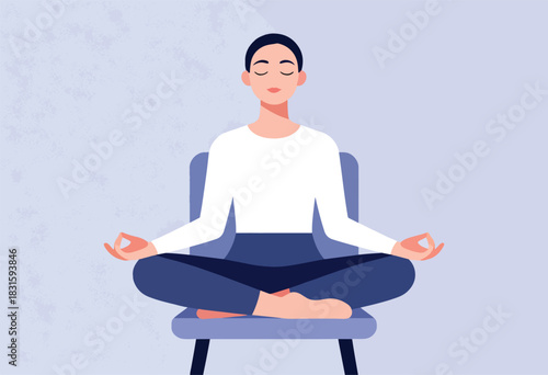 An illustration shows a person seated in a meditative lotus pose. They're on a simple chair with eyes closed